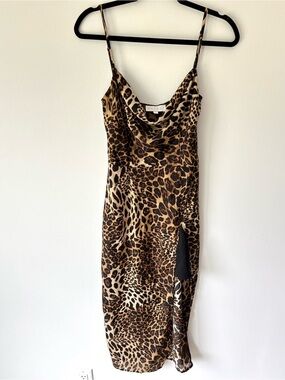 Meshki Leopard Cheetah Print Midi Slip Dress Cowl Neck Party Event Cocktail